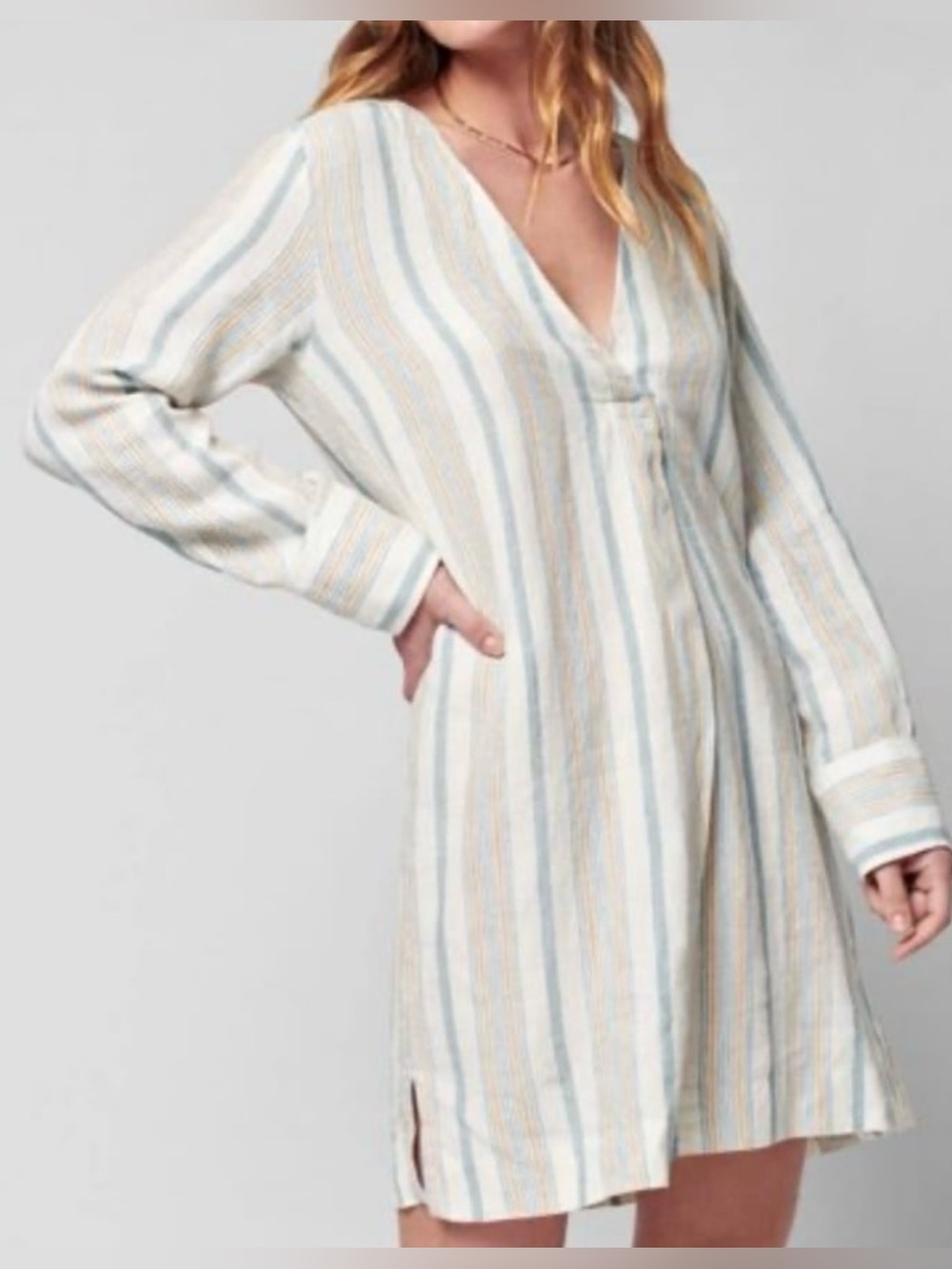 Faherty Linen Cream, Tan and Light Blue Striped Mini Dress - Size L